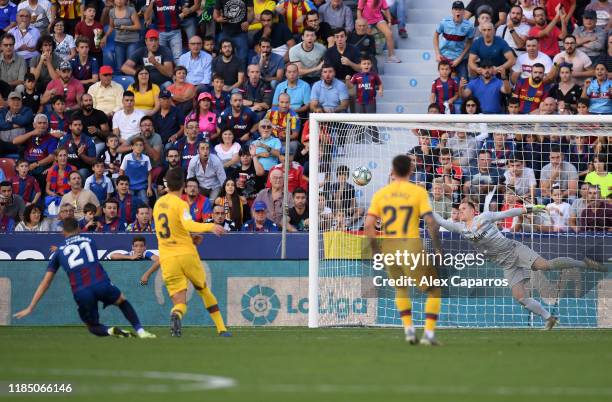 Borja Mayoral of Levante UD scores his team's second goal past Marc-Andre ter Stegen of FC Barcelona during the Liga match between Levante UD and FC...