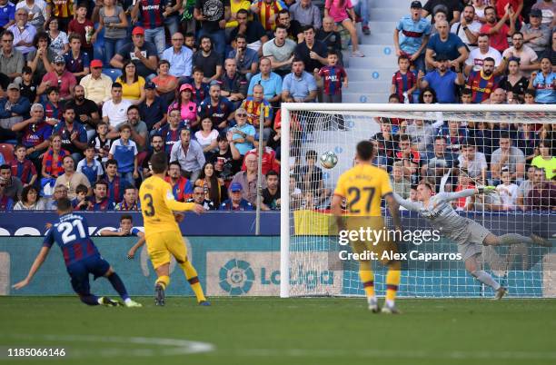 Borja Mayoral of Levante UD scores his team's second goal past Marc-Andre ter Stegen of FC Barcelona during the Liga match between Levante UD and FC...