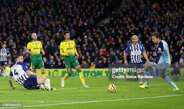 Shane Duffy of Brighton and Hove Albion scores his team's second goal during the Premier League match between Brighton & Hove Albion and Norwich City...