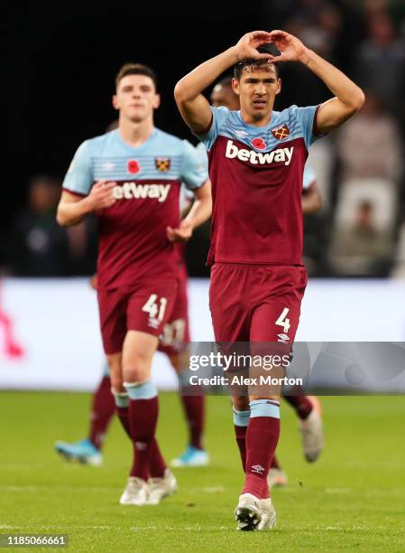 Fabian Balbuena of West Ham United celebrates after scoring his team's first goal during the Premier League match between West Ham United and...