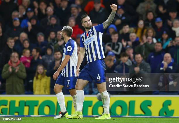 Shane Duffy of Brighton and Hove Albion celebrates after scoring his team's second goal during the Premier League match between Brighton & Hove...