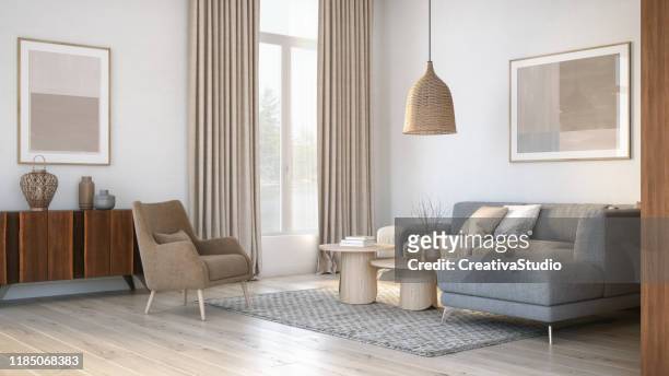 moderne scandinavische woonkamer interieur-3d renderen - woonruimte stockfoto's en -beelden