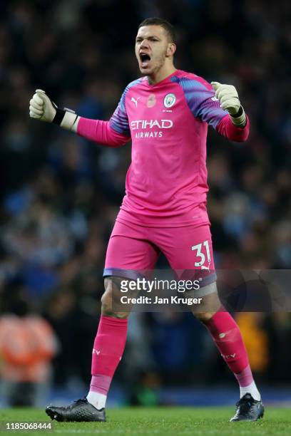Ederson of Manchester City celebrates during the Premier League match between Manchester City and Southampton FC at Etihad Stadium on November 02,...