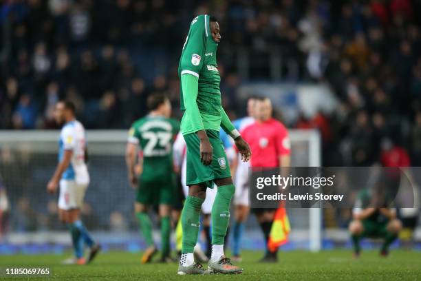 Dominic Iorfa of Sheffield Wednesday reacts after losing the Sky Bet Championship match between Blackburn Rovers and Sheffield Wednesday at Ewood...