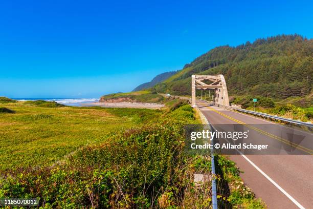 bridge crossing creek on oregon coastal highway - oregon coast stock pictures, royalty-free photos & images