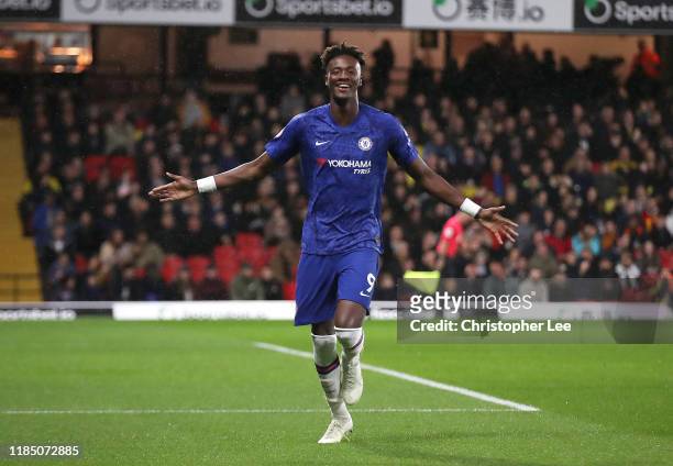 Tammy Abraham of Chelsea celebrates after scoring his team's first goal during the Premier League match between Watford FC and Chelsea FC at Vicarage...