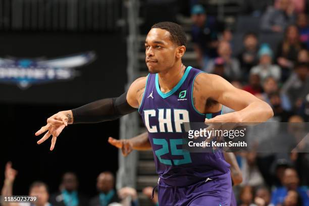 Washington of the Charlotte Hornets reacts to a play during the game against the Detroit Pistons on November 27, 2019 at Spectrum Center in...