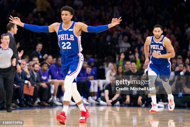 Matisse Thybulle of the Philadelphia 76ers reacts after making a three point basket against the Sacramento Kings in the third quarter at the Wells...
