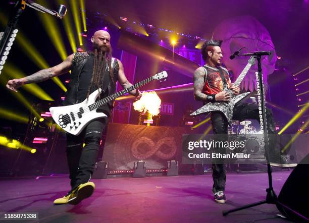 Bassist Chris Kael and guitarist Jason Hook of Five Finger Death Punch perform as the band kicks off its fall 2019 tour at The Joint inside the Hard...