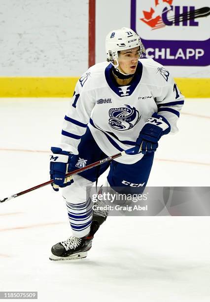 Ty Collins of the Mississauga Steelheads skates against the Hamilton Bulldogs during OHL game action on November 1, 2019 at Paramount Fine Foods...