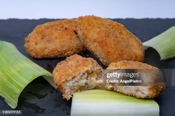 leek and shrimp croquettes made with whole wheat flour under preparation - shrimps stock pictures, royalty-free photos & images