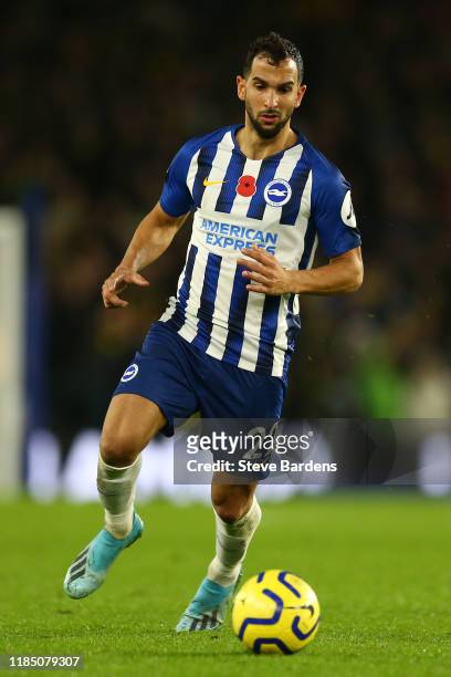 Martin Montoya of Brighton & Hove Albion controls the ball during the Premier League match between Brighton & Hove Albion and Norwich City at...