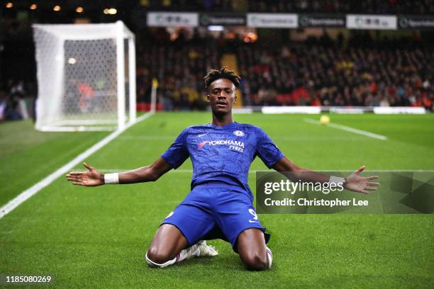 Tammy Abraham of Chelsea celebrates after scoring his team's first goal during the Premier League match between Watford FC and Chelsea FC at Vicarage...