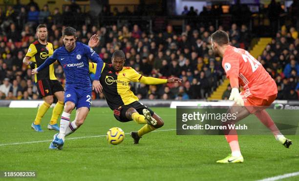 Christian Pulisic of Chelsea scores his team's second goal during the Premier League match between Watford FC and Chelsea FC at Vicarage Road on...