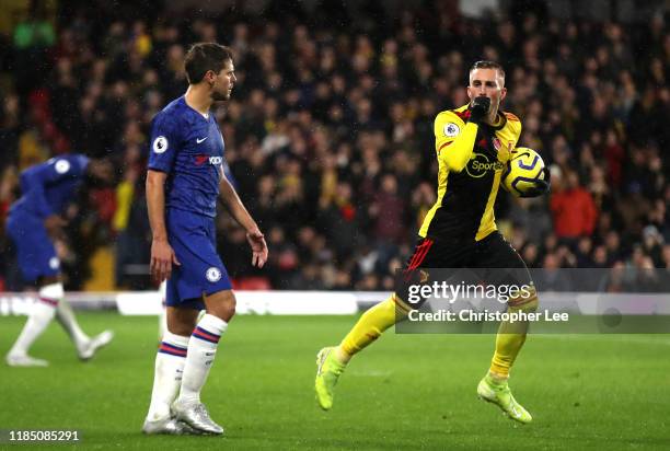 Gerard Deulofeu of Watford celebrates after scoring his team's first goal during the Premier League match between Watford FC and Chelsea FC at...