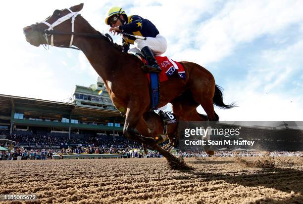 Jockey Joel Rosario aboard Covfefe wins the Filly and Mare race during the Breeders Cup at Santa Anita Park on November 02, 2019 in Arcadia,...