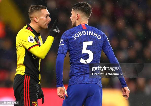 Gerard Deulofeu of Watford reacts after clashing with Jorginho of Chelsea during the Premier League match between Watford FC and Chelsea FC at...