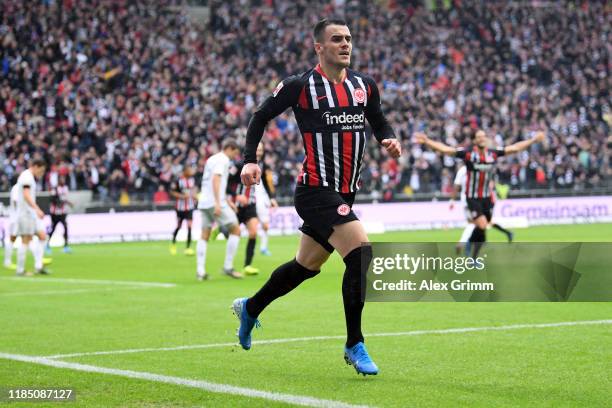 Filip Kostic of Frankfurt celebrates his team's first goal during the Bundesliga match between Eintracht Frankfurt and FC Bayern Muenchen at...