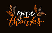Give thanks - Happy thanksgiving day - hand drawn lettering postcard template banner