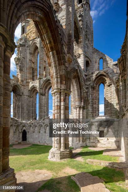 whitby abbey ruins - destroyed during the dissolution of the monasteries in 16th century, whitby, england, 2018 - demolished church stock pictures, royalty-free photos & images