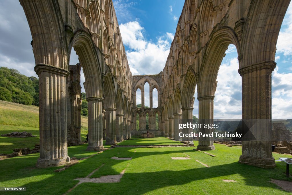 Ruins of Cistercian Abbey in Rievaulx destroyed during the Dissoluteness of Monasteries under Henry VIII, Yorkshire, England, 2018