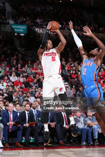 Rodney Hood of the Portland Trail Blazers shoots the ball against the Oklahoma City Thunder on November 27, 2019 at the Moda Center in Portland,...