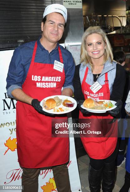 Vincent de Paul and Courtney Friel attend the Los Angeles Mission Thanksgiving For The Homeless held at Los Angeles Mission on November 27, 2019 in...