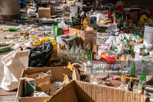 Piles of Molotov cocktails are seen inside the Hong Kong Polytechnic University campus on November 28, 2019 in Hong Kong, China. Police and...