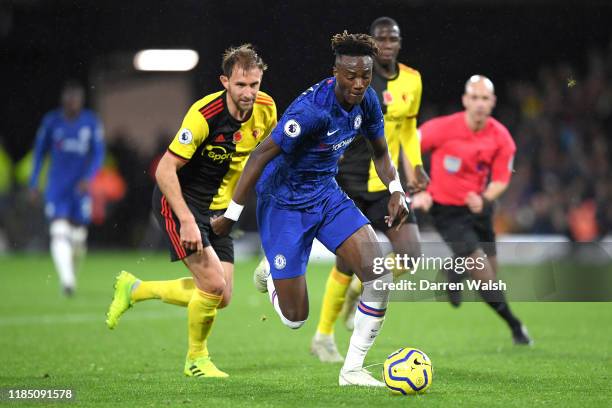 Tammy Abraham of Chelsea runs with the ball during the Premier League match between Watford FC and Chelsea FC at Vicarage Road on November 02, 2019...