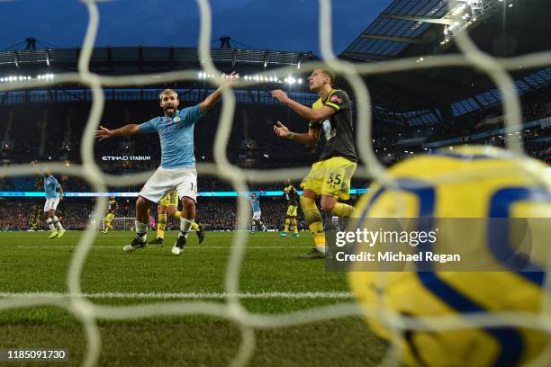 Sergio Aguero of Manchester City celebrates Manchester City's 2nd goal scored by Kyle Walker during the Premier League match between Manchester City...