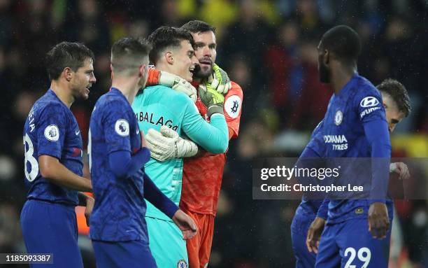 Ben Foster of Watford embraces Kepa Arrizabalaga of Chelsea following the Premier League match between Watford FC and Chelsea FC at Vicarage Road on...