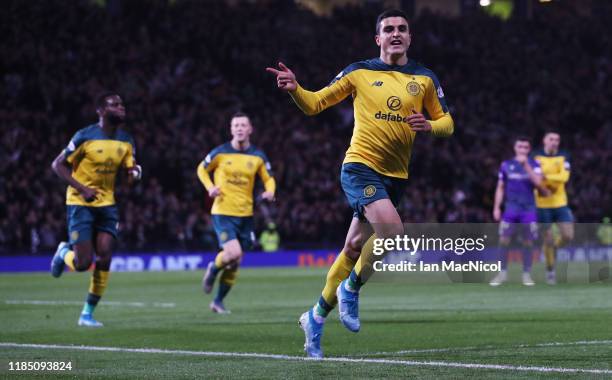 Mohamed El Younoussi of Celtic celebrates scoring the opening goal at Hampden Park during the Betfred League Cup semi final between Celtic and...