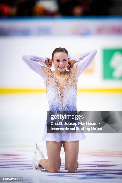 Mariah Bell of the United States reacts in the Ladies Free Skating during day 2 of the ISU Grand Prix of Figure Skating Internationaux de France at...