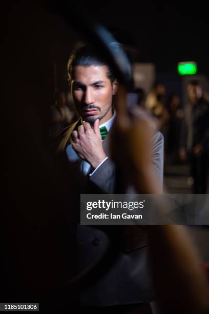 Model backstage ahead of the Behnoode show during the FFWD October Edition 2019 at the Dubai Design District on November 02, 2019 in Dubai, United...