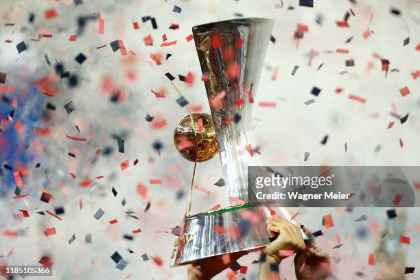 Flamengo captain Everton Ribeiro holds the trophy after winning the Brasileirao 2019 after the match against Ceara at Maracana Stadium on November...