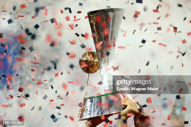 Flamengo captain Everton Ribeiro holds the trophy after winning the Brasileirao 2019 after the match against Ceara at Maracana Stadium on November...