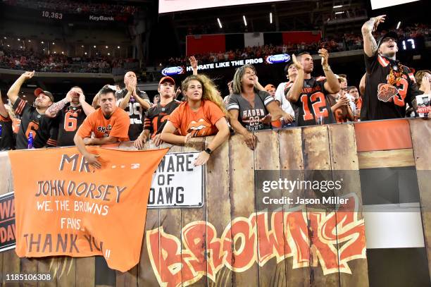 Cleveland Browns fans cheer for their team from the Dog Pound during the second half against the Los Angeles Rams at FirstEnergy Stadium on September...