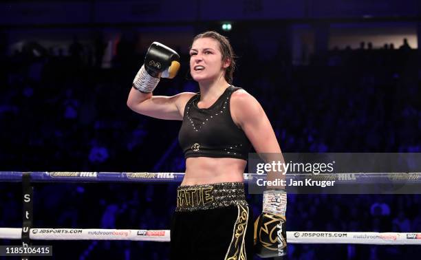 Katie Taylor celebrates during the WBO World Super-Lightweight Championship bout at Manchester Arena on November 02, 2019 in Manchester, England.