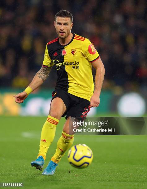 Daryl Janmaat of Watford during the Premier League match between Watford FC and Chelsea FC at Vicarage Road on November 02, 2019 in Watford, United...