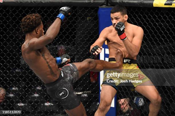 Hakeem Dawodu of Canada kicks Julio Arce in their featherweight bout during the UFC 244 event at Madison Square Garden on November 02, 2019 in New...
