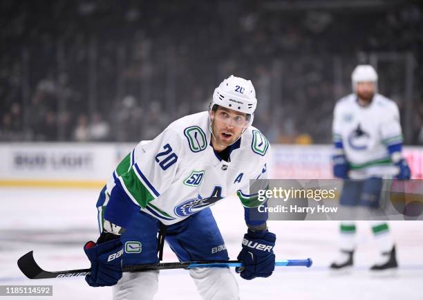 Brandon Sutter of the Vancouver Canucks lines up for a faceoff during a 5-3 Canucks win over the Los Angeles Kings at Staples Center on October 30,...