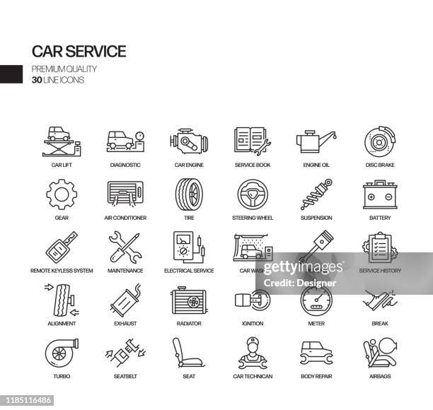 ilustraciones, imágenes clip art, dibujos animados e iconos de stock de conjunto simple de iconos de línea vectorial relacionados con el servicio de coche. colección de símbolos de esquema. - vehicle seat