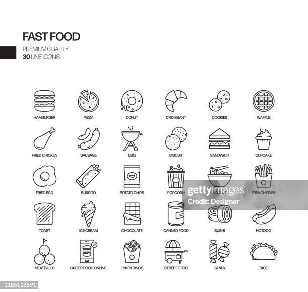 einfache set von fast food verwandte vektor linie icons. gliederungssymbolsammlung. - grilled squid stock-grafiken, -clipart, -cartoons und -symbole