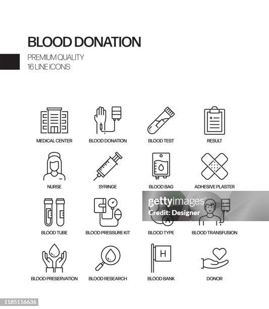 illustrazioni stock, clip art, cartoni animati e icone di tendenza di semplice set di icone di linee vettoriali correlate alla donazione di sangue. insieme outline symbol. - blood