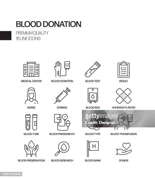 ilustrações de stock, clip art, desenhos animados e ícones de simple set of blood donation related vector line icons. outline symbol collection. - blood bag stock illustrations