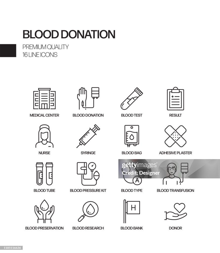 Simple Set of Blood Donation Related Vector Line Icons. Outline Symbol Collection.