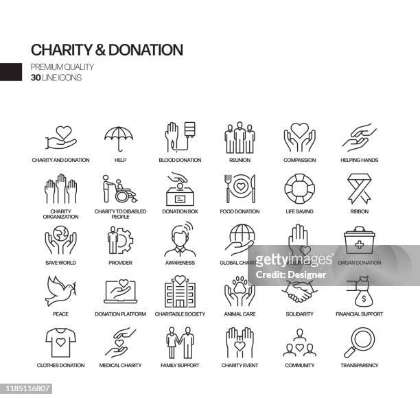 illustrazioni stock, clip art, cartoni animati e icone di tendenza di semplice set di icone di linee vettoriali correlate alla beneficenza e alla donazione. insieme outline symbol. - organizzazione no profit