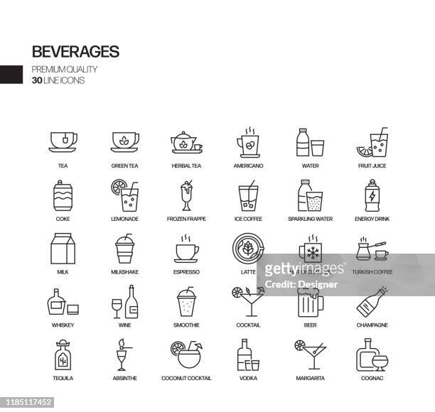 ilustraciones, imágenes clip art, dibujos animados e iconos de stock de conjunto simple de iconos de línea vectorial relacionados con bebidas. colección de símbolos de esquema. - smoothie