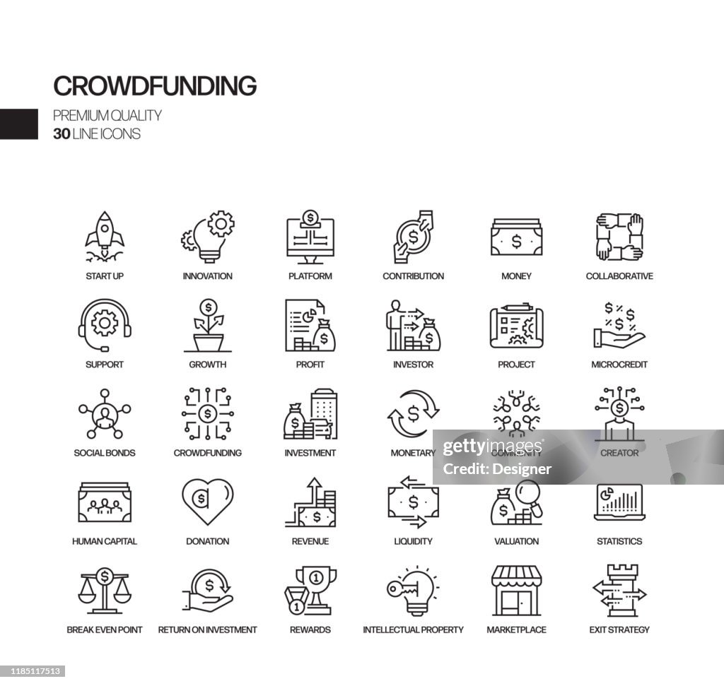 Einfache Satz von Crowdfunding verwandte Vektor Linie Icons. Gliederungssymbolsammlung.