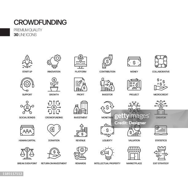 bildbanksillustrationer, clip art samt tecknat material och ikoner med enkel uppsättning crowdfunding relaterade vektor linje ikoner. samling med dispositionssymboler. - entreprenör